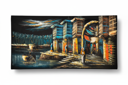 Iraqi Riverside at Night original oil painting on white background with natural shadow