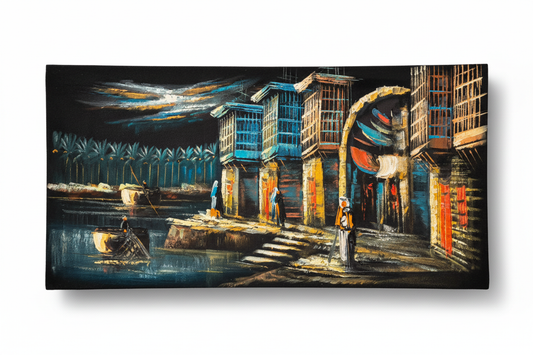Iraqi Riverside at Night original oil painting on white background with natural shadow