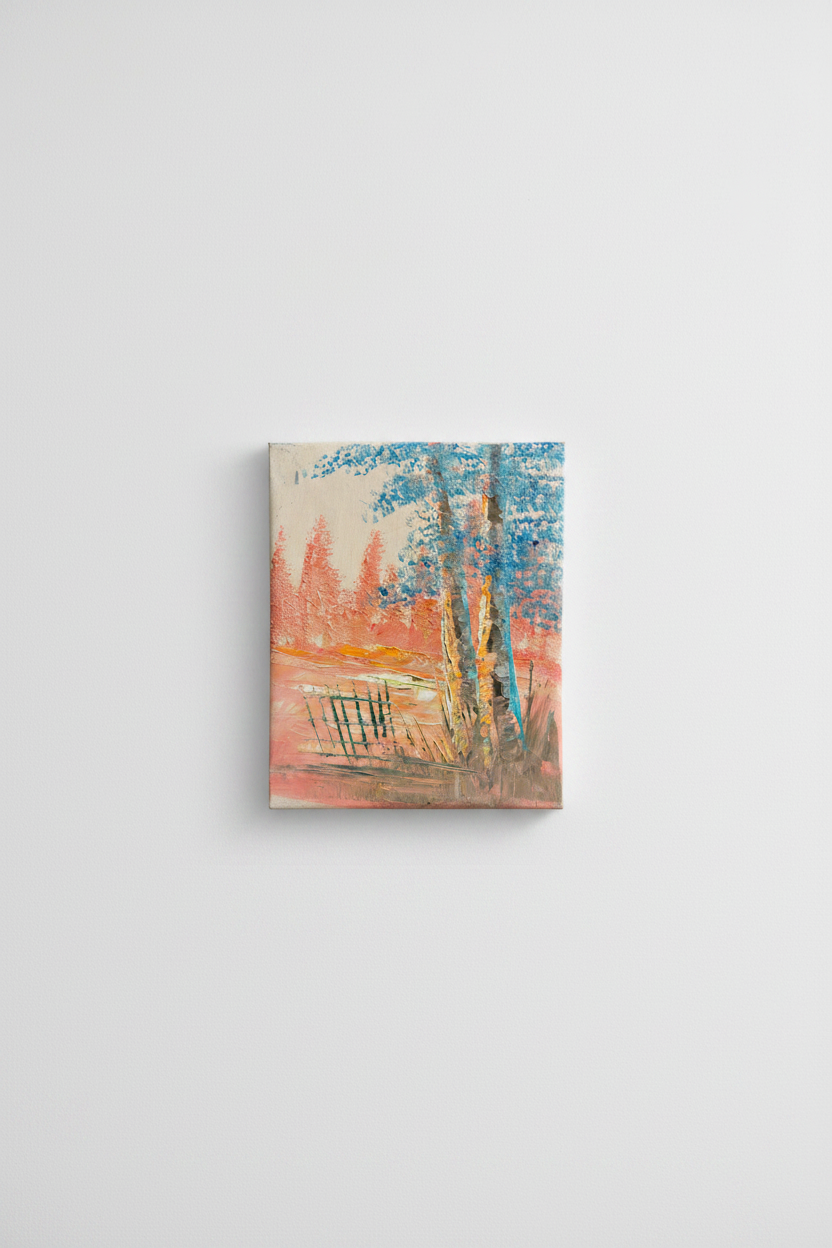 Original colorful forest birch impasto oil painting displayed unframed on clean empty white wall