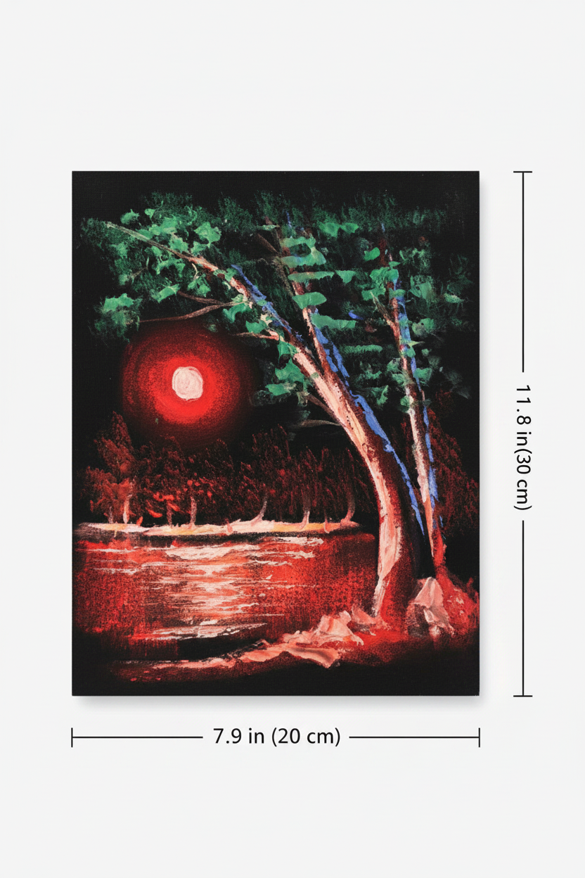 Crimson moon lakeside canvas art with dimensions 7.9 inches wide x 11.8 inches tall 20cm x 30cm