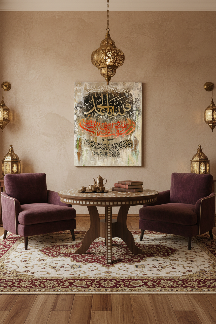 Frameless Arabic calligraphy canvas art displayed in sophisticated dining area