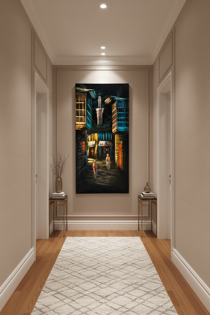 Minaret alley painting displayed in elegant hallway interior
