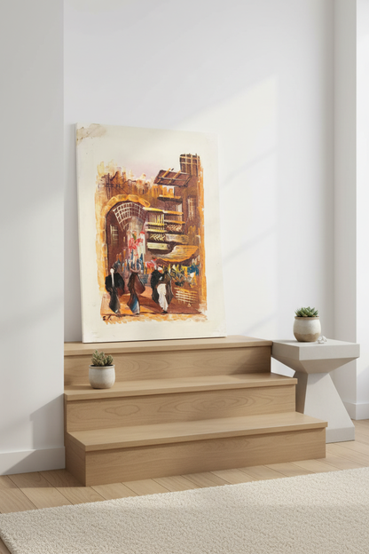 Bazaar painting leaning against wall near stairs in luxury home interior