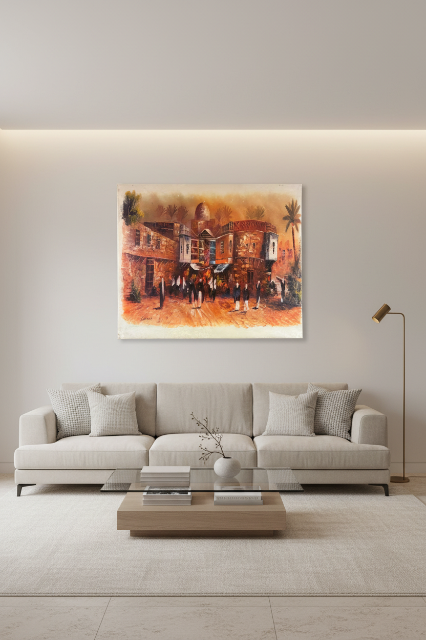 Middle Eastern bazaar oil painting mounted on an empty wall in a modern luxury living room