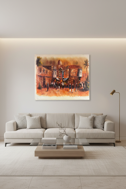 Middle Eastern bazaar oil painting mounted on an empty wall in a modern luxury living room