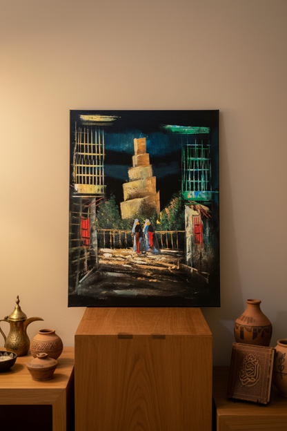 Malwiya spiral minaret Samarra canvas art propped on wooden shelf in sophisticated minimalist home with Iraqi heritage decor lifestyle photo