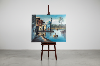 Riverside Mosque at Dusk original oil painting displayed on a wooden easel art stand — frameless gallery presentation