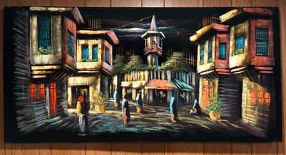 Middle Eastern old town street scene canvas wall art – original painting with clock tower, historic buildings, and traditional figures