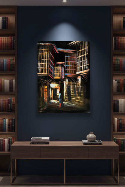 Heritage Alleyway at Night oil painting on midnight navy blue wall in sophisticated modern study — no frame, premium interior art display