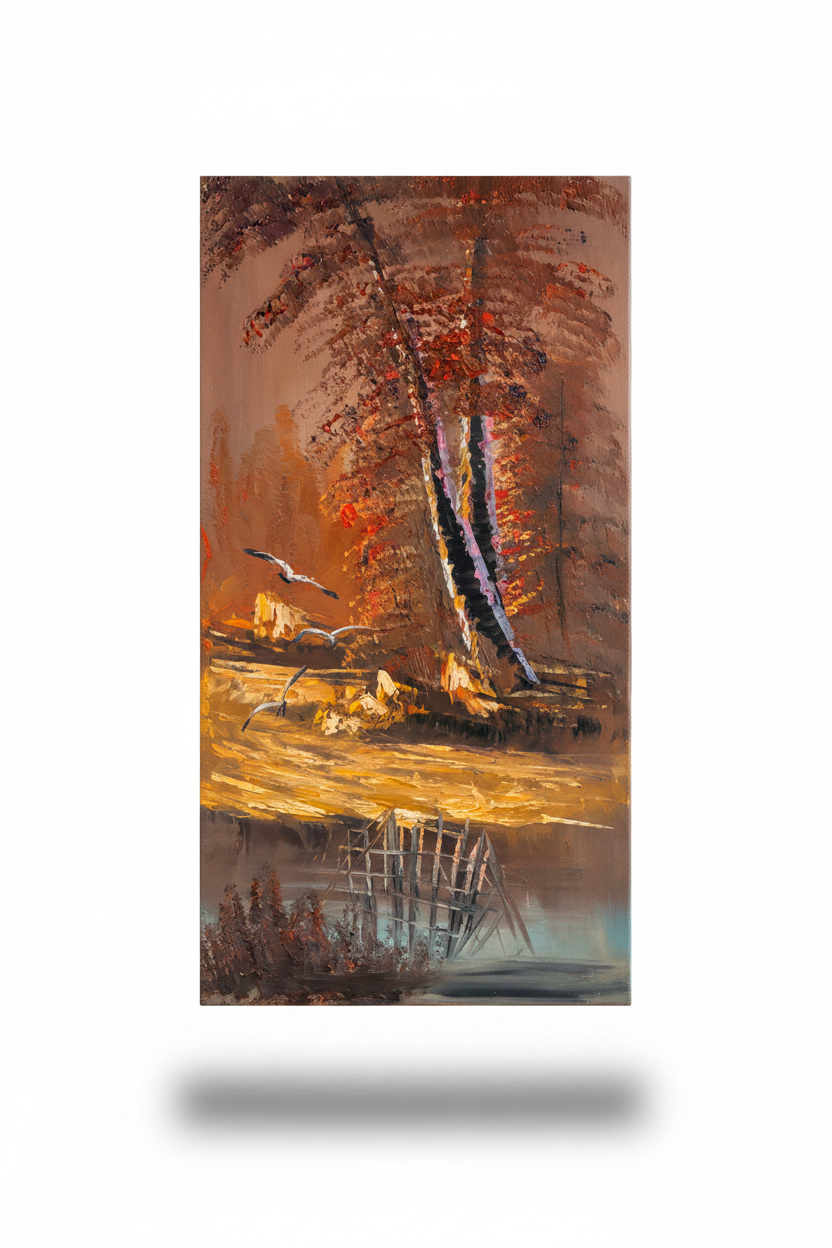Autumn Forest Reflections oil painting on white background with shadow