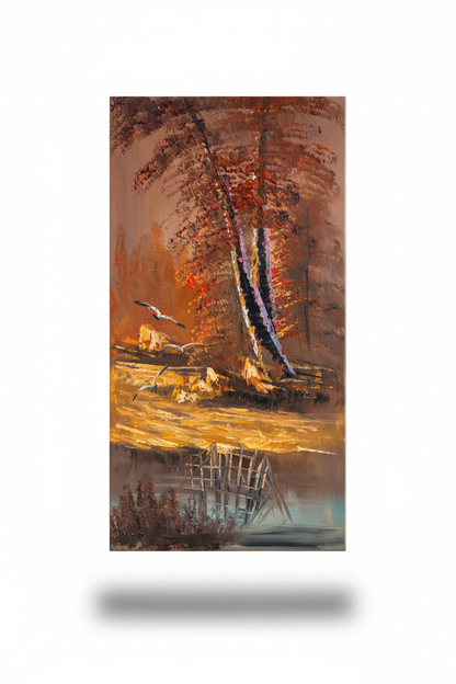 Autumn Forest Reflections oil painting on white background with shadow