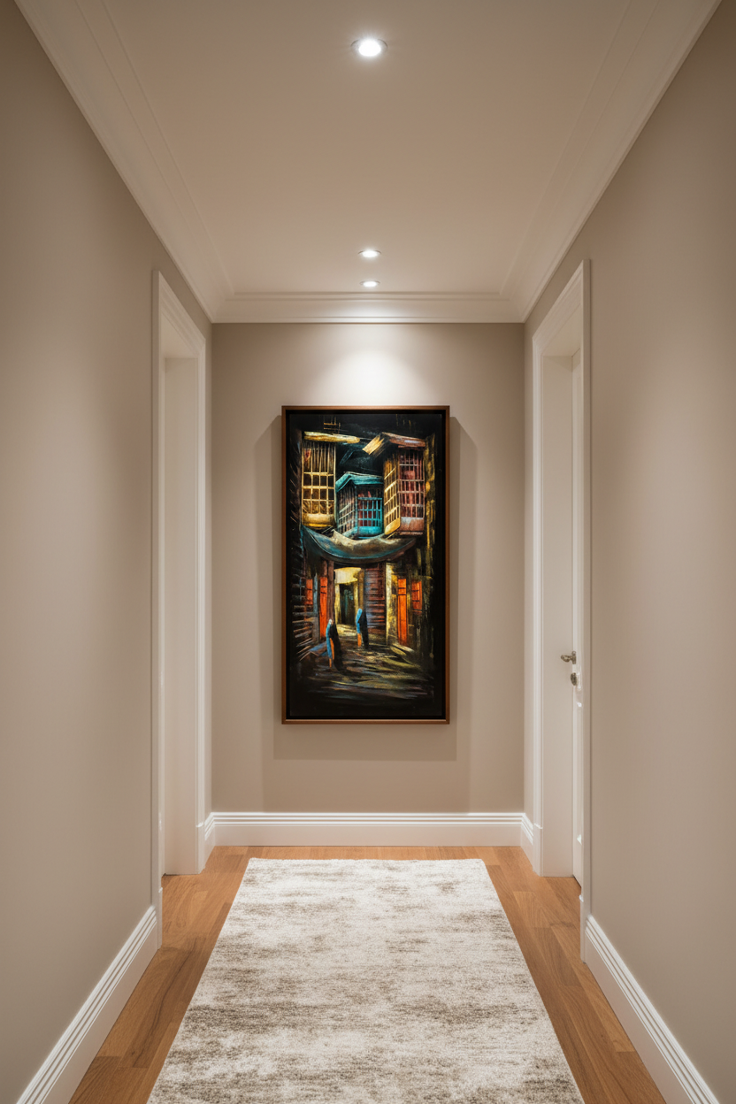Crescent arch alley painting displayed in elegant hallway interior