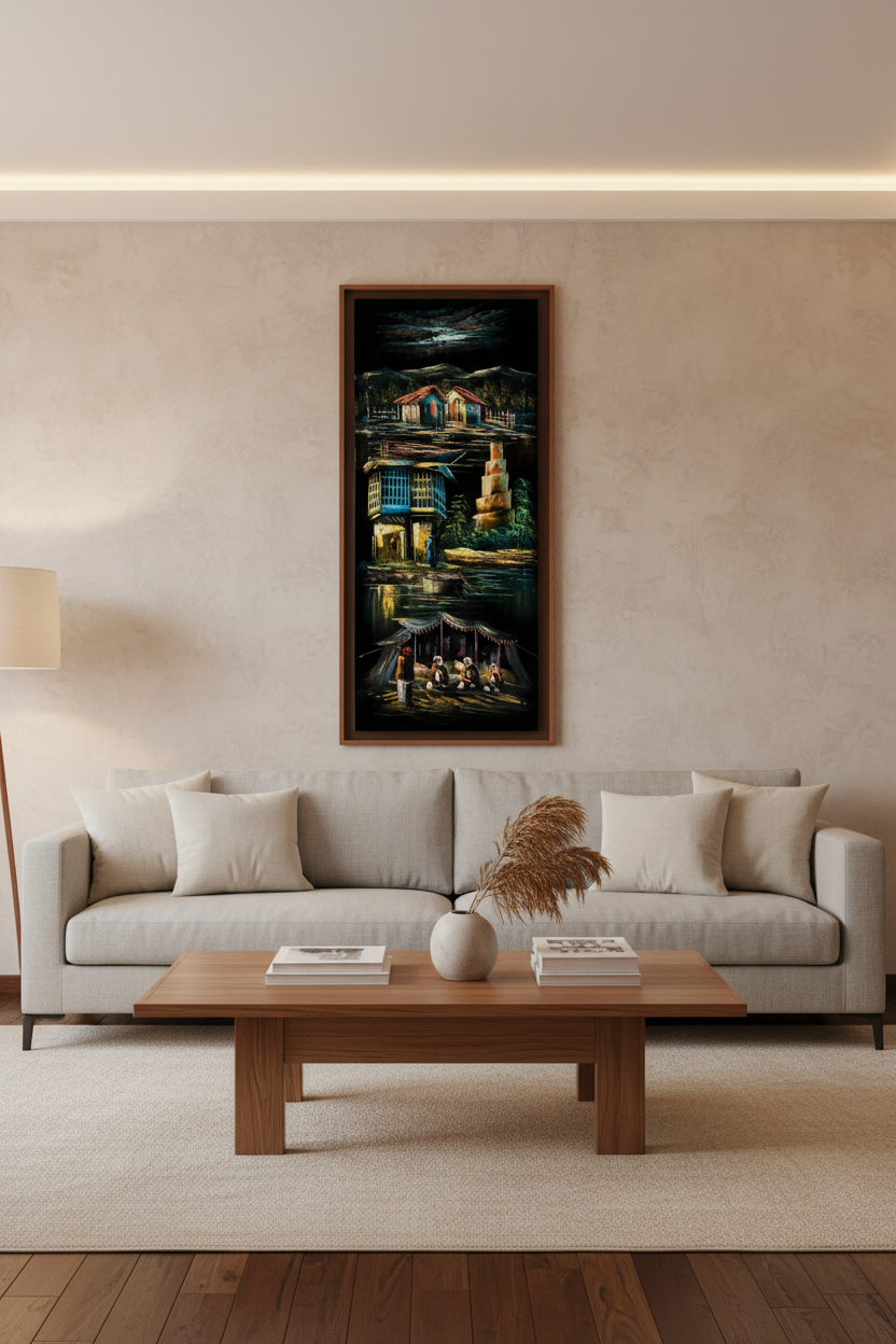Middle Eastern village painting displayed as statement piece in luxury living room