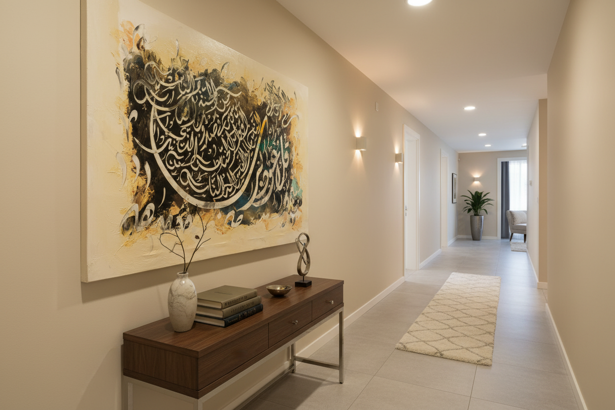 Islamic calligraphy silver gold canvas displayed in a modern hallway, no frame