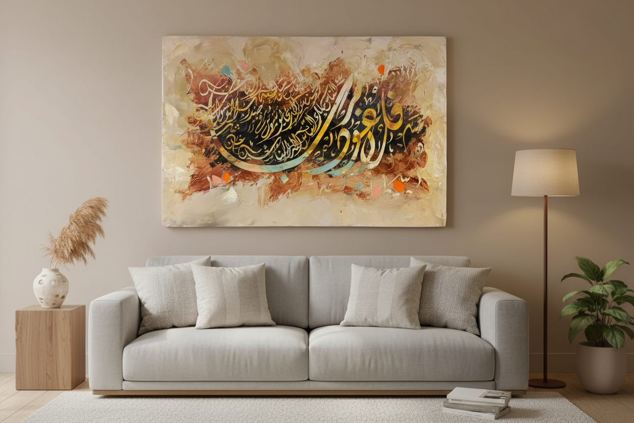 Islamic calligraphy gold teal amber canvas displayed in a modern living room above a sofa, no frame