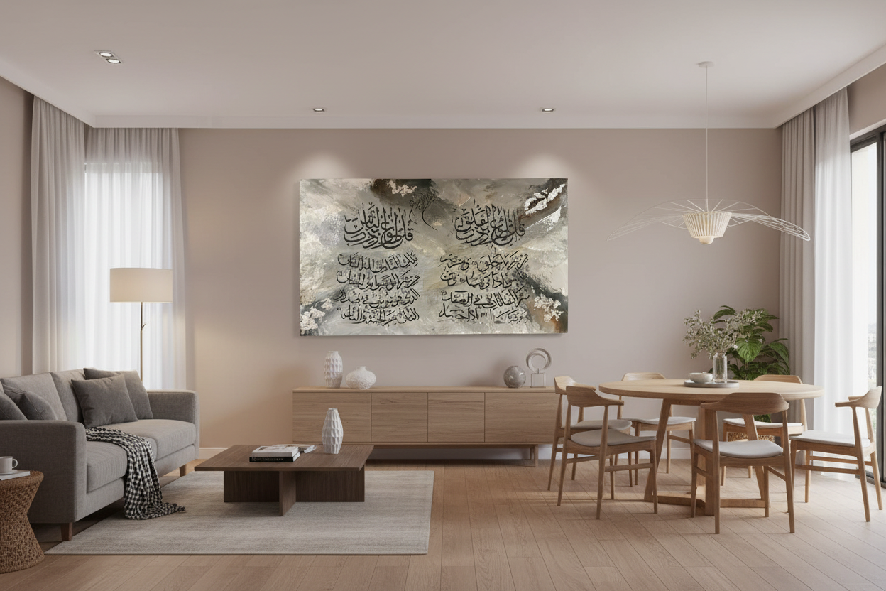 Al-Mu'awwidhatayn canvas displayed in open area dining room