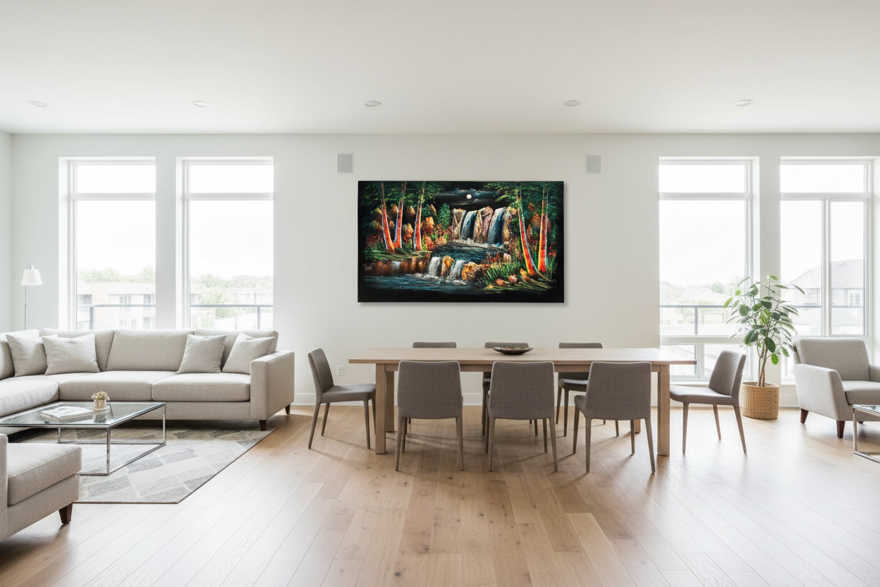 Moonlit forest waterfall night scene canvas wall art displayed in open dining and sitting area