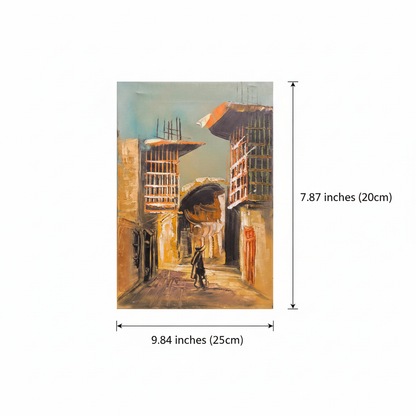 Dimension diagram: The Wanderer old town street oil painting 9.84 inches wide by 7.87 inches tall on white background
