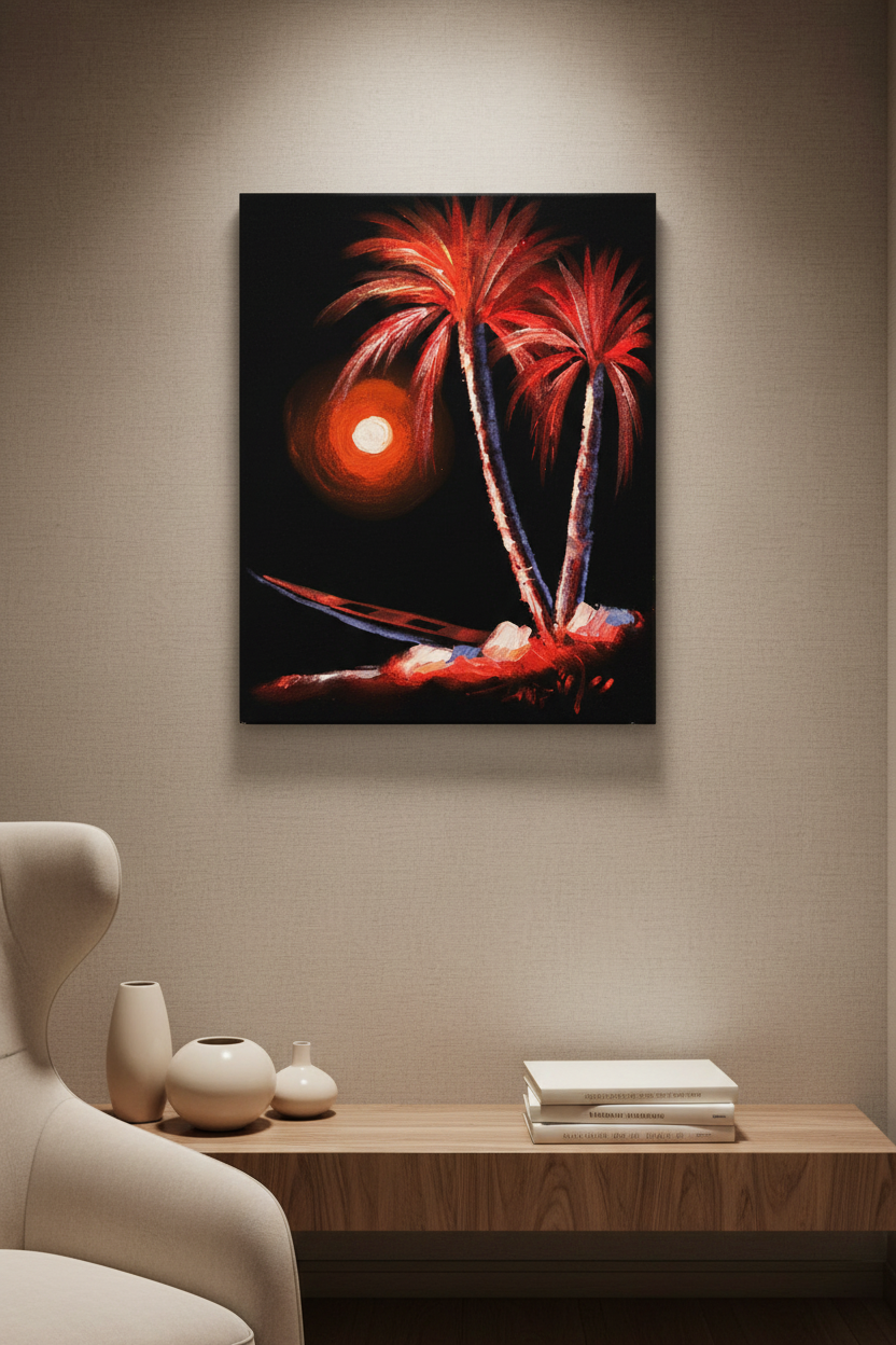Crimson palms under moon exotic night canvas art displayed in small cozy room lifestyle photo
