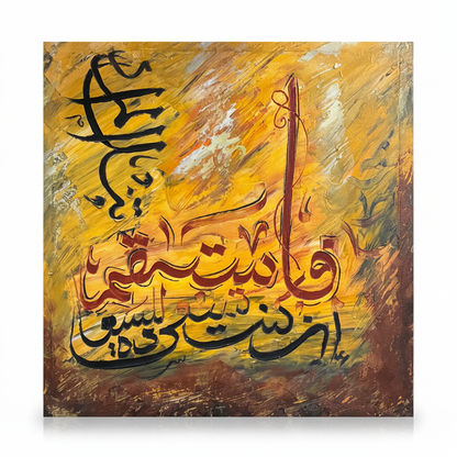 Islamic calligraphy black script golden yellow amber square canvas art on white background with shadow, no frame, product shot