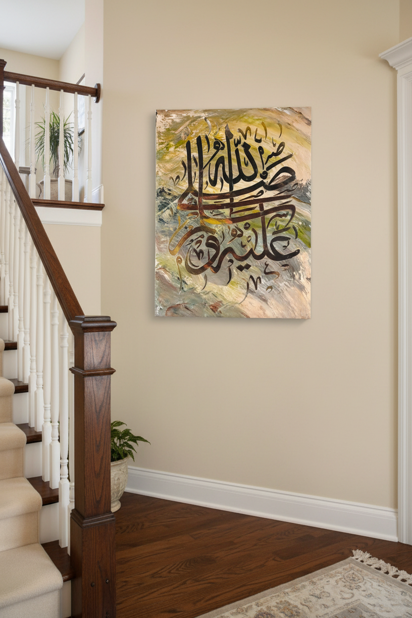 Salawat Durood Arabic calligraphy canvas art hanging on a wall beside an elegant staircase, portrait 3:4 ratio, no frame gallery wrap, luxury home interior