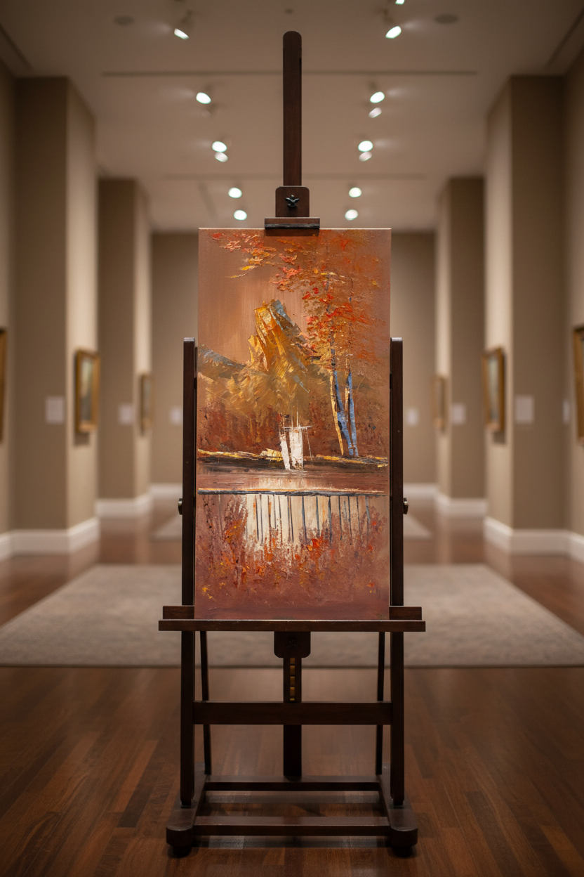 Autumn Reflections oil painting displayed on art easel stand