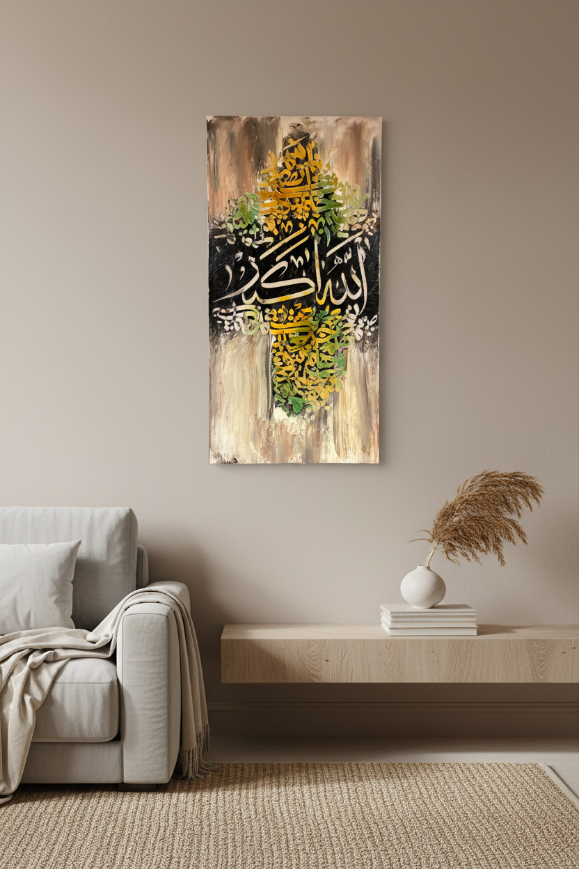 Allahu Akbar Islamic calligraphy canvas art displayed in a luxury living room – lifestyle mockup, no frame