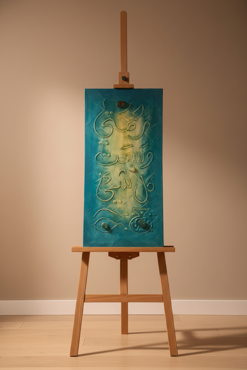 Islamic calligraphy canvas displayed on art stand