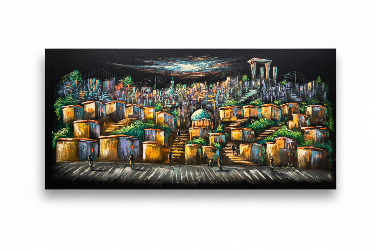 Terraced hillside city night scene canvas wall art on white background with shadow – 47x24 inches