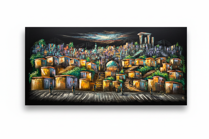Terraced hillside city night scene canvas wall art on white background with shadow – 47x24 inches