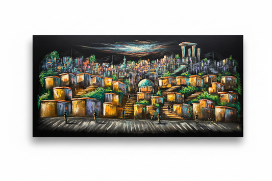 Terraced hillside city night scene canvas wall art on white background with shadow – 47x24 inches