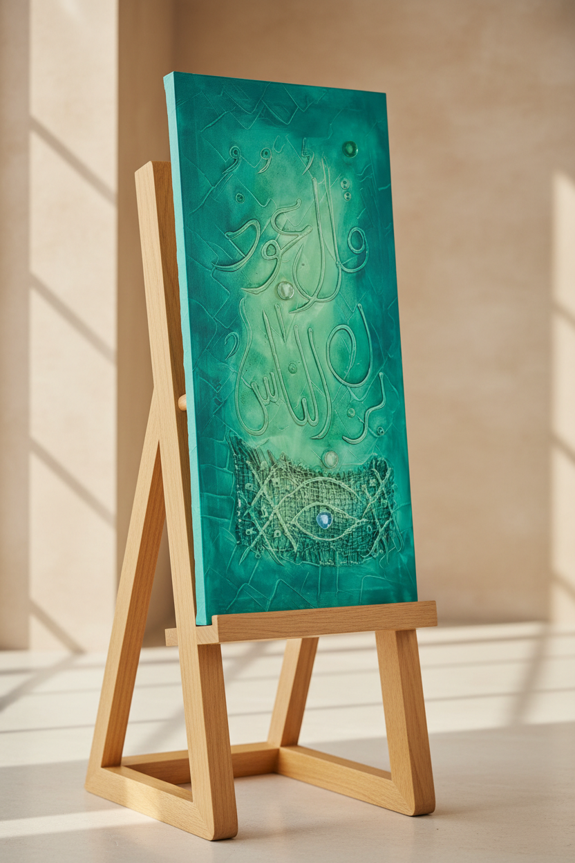 Islamic calligraphy teal green canvas displayed on art stand