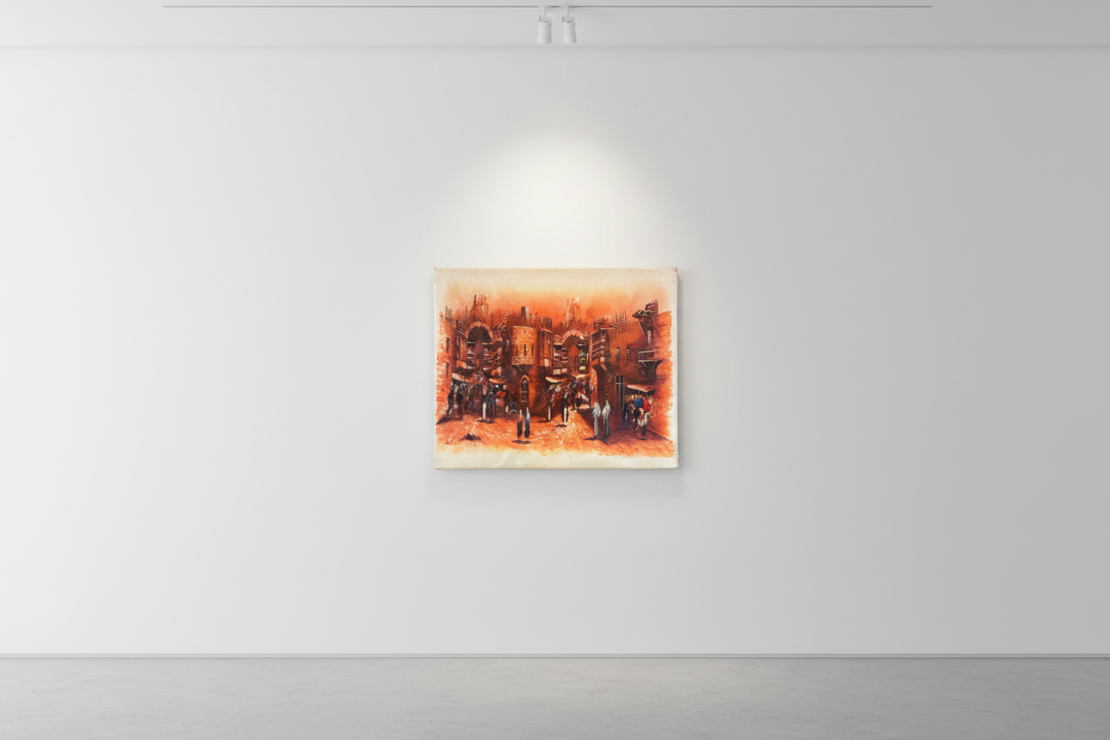 Middle Eastern bazaar oil painting hung on empty white gallery wall, no frame, subtle shadow