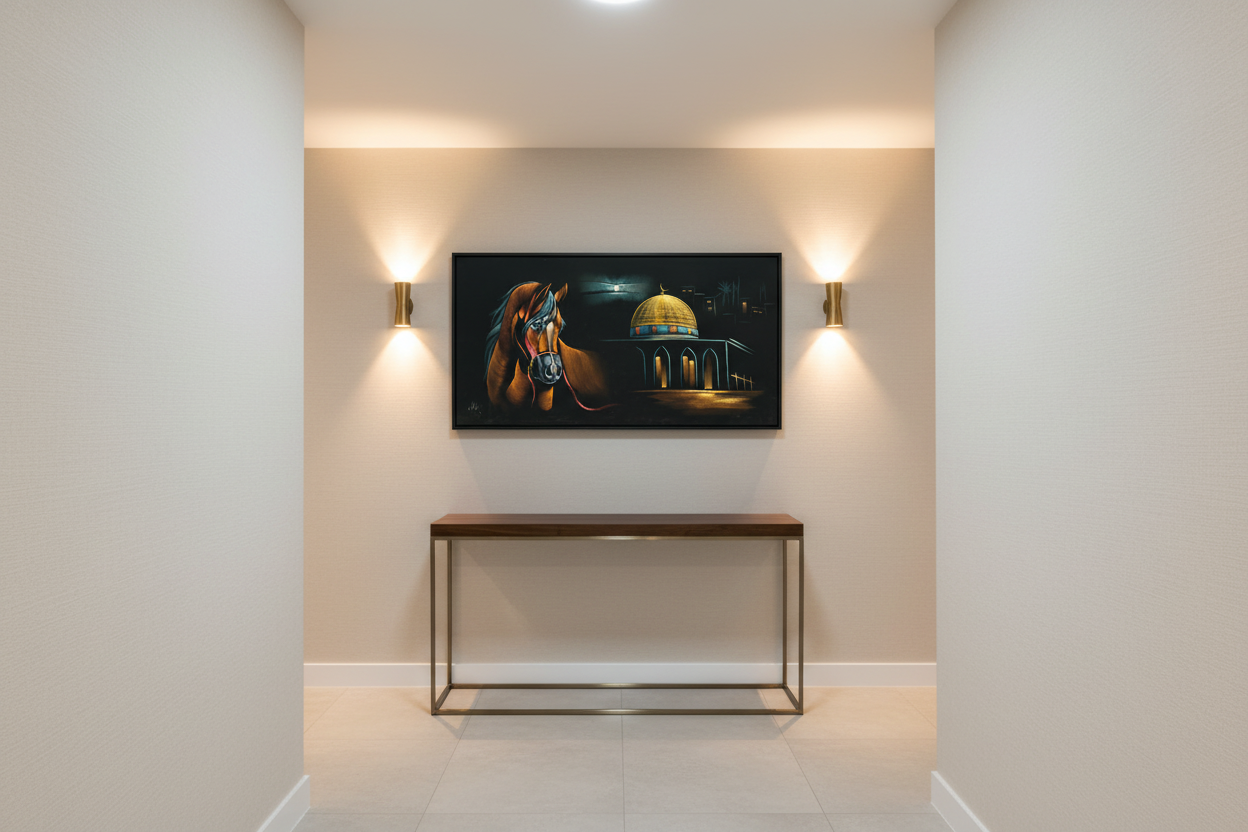 Arabian horse and Dome of the Rock night scene canvas wall art displayed in elegant hallway