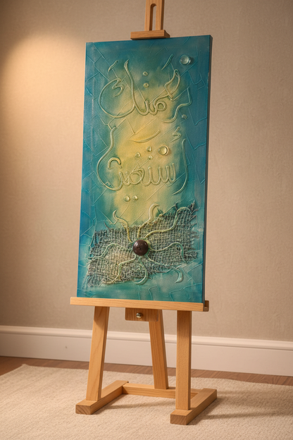 Islamic calligraphy Bismillah teal aqua canvas displayed on art stand