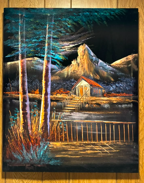 Dramatic Mountain Lakeside Cabin Night Scene – Original Canvas Wall Art 20×24 in