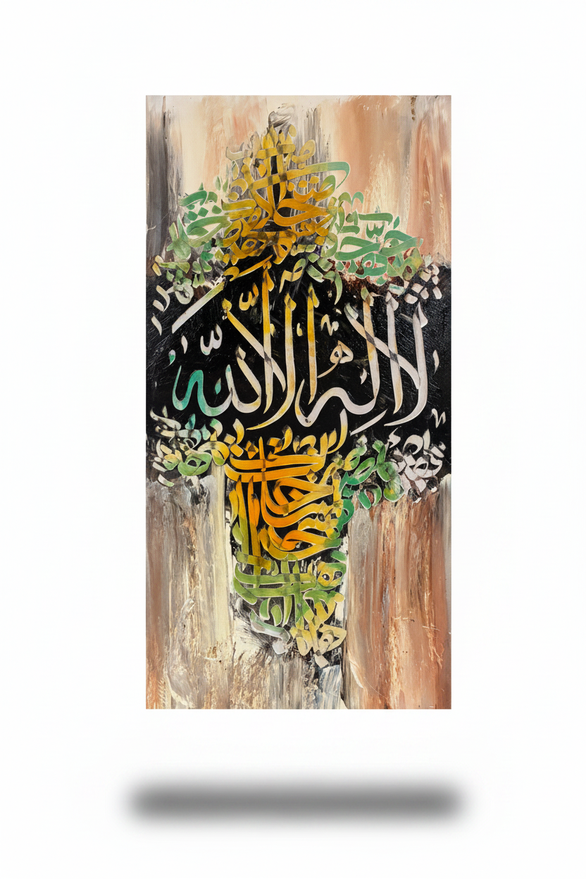 La Ilaha Illallah Islamic calligraphy canvas art – solo product shot with drop shadow, white and clear background, no frame