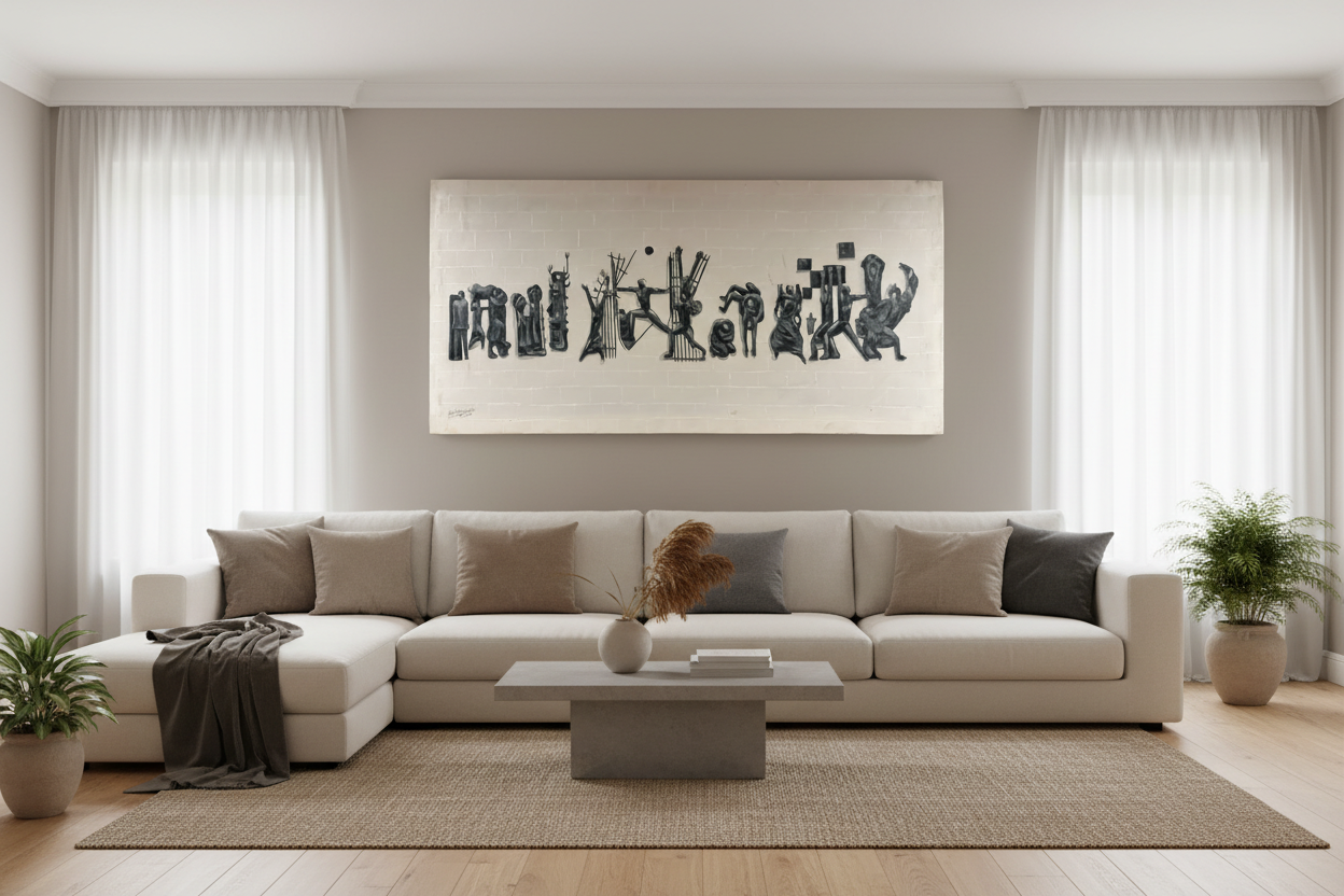 Tahrir Square painting hung in modern family living room – lifestyle interior view