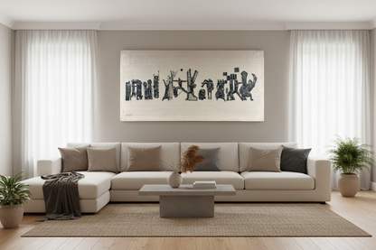 Tahrir Square painting hung in modern family living room – lifestyle interior view