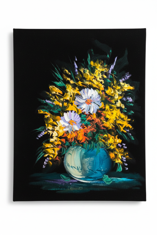 Floral Bouquet in Teal Vase oil painting isolated on pure white background — clean studio product shot, no frame, portrait canvas