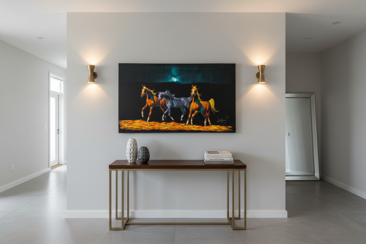 Three Arabian horses galloping at night canvas wall art displayed in elegant hallway