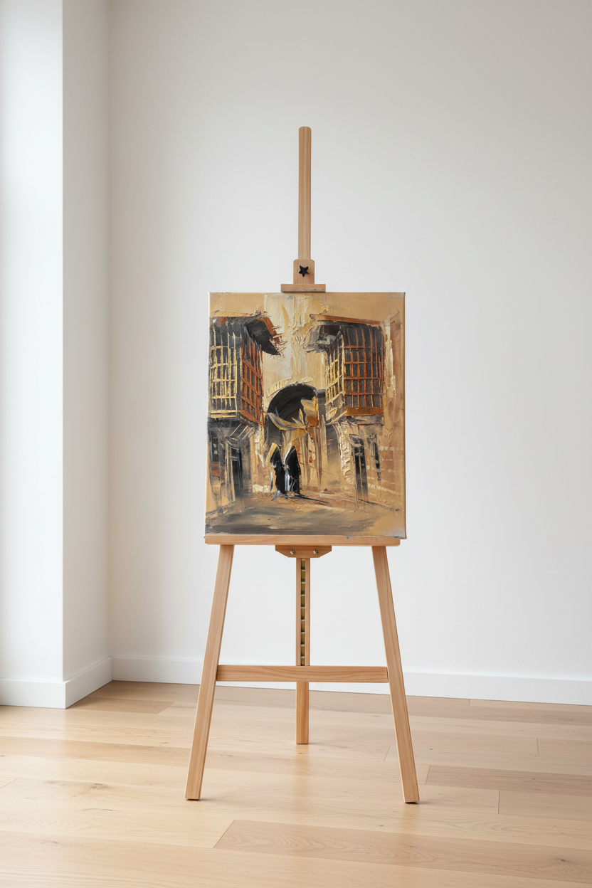 Original alleyway oil painting displayed on wooden easel stand in bright Scandinavian interior