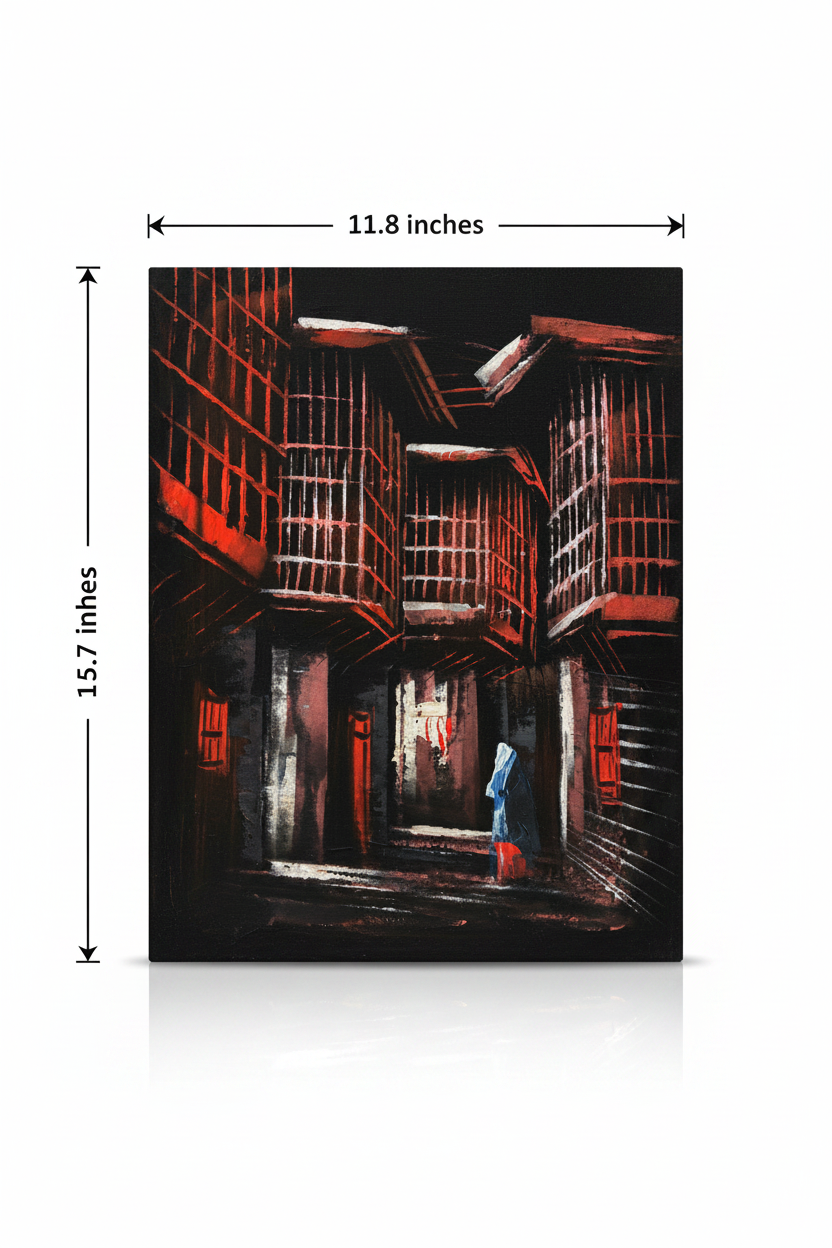 Red Alleyway at Night oil painting flat lay with dimensions — 11.8 inches wide by 15.7 inches tall, 30x40cm portrait canvas