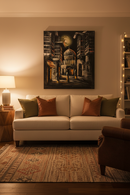 Moonlit domed mosque city street night scene canvas art staged in a cozy living room sitting area above a sofa