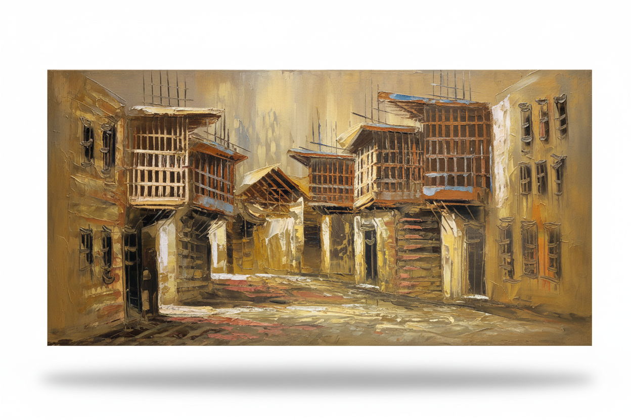 Old Town Courtyard oil painting isolated on white background with shadow