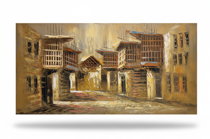 Old Town Courtyard oil painting isolated on white background with shadow