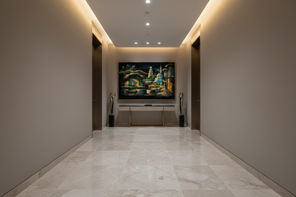 Ancient Iraqi city canvas art in upscale hallway — lifestyle interior mockup