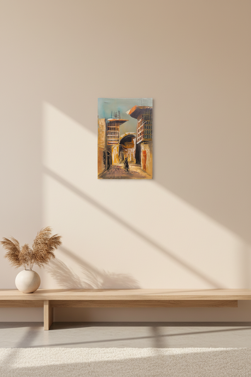 The Wanderer old town street oil painting hung on empty wall – frameless display