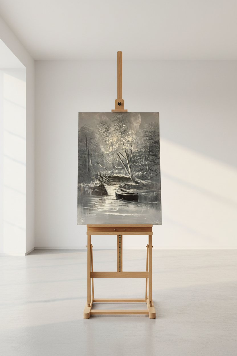 Forest canal painting displayed on wooden easel stand in minimalist studio