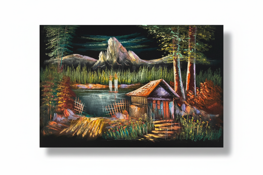 Alpine cabin mountain lake canvas art on white background with shadow — clean product view